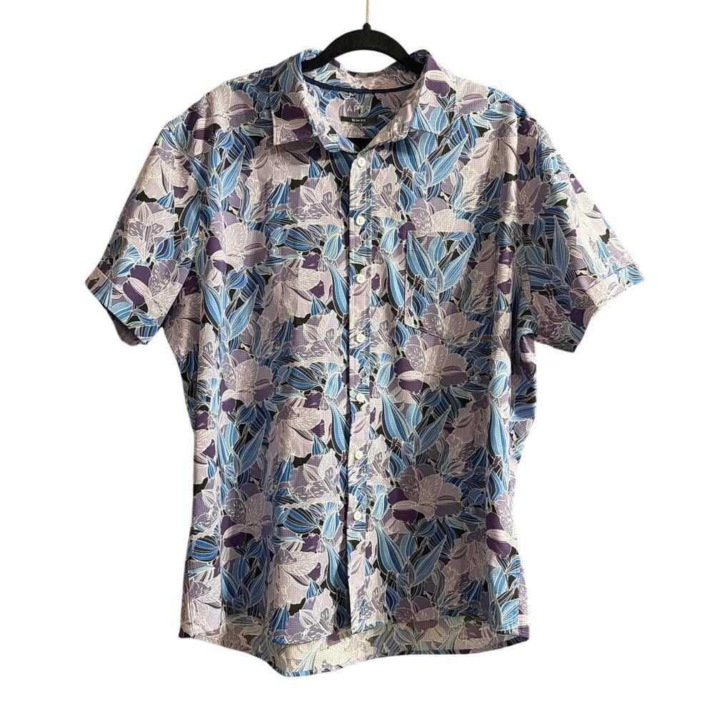 Apt.9 Men's Floral Short Sleeve Slim Fit Button Down Shirt Size XXL Black Blue